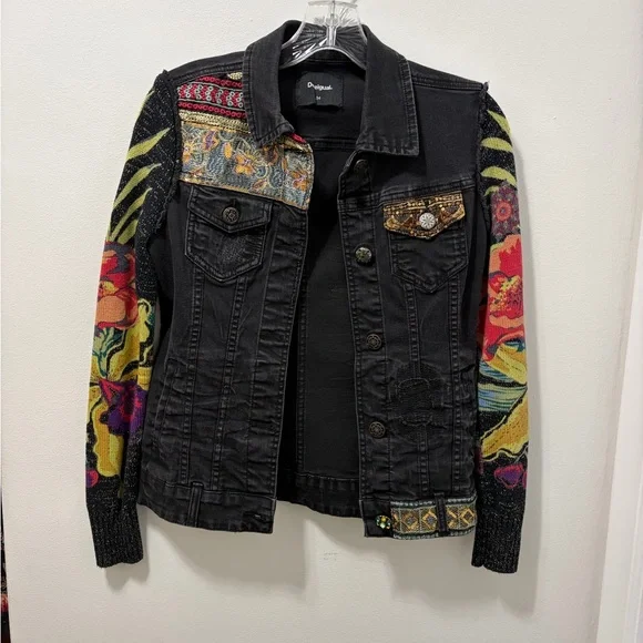 Desigual Claudia Patchwork Denim Jacket | Embroidered Boho Floral Size 34 XS - Picture 2 of 16